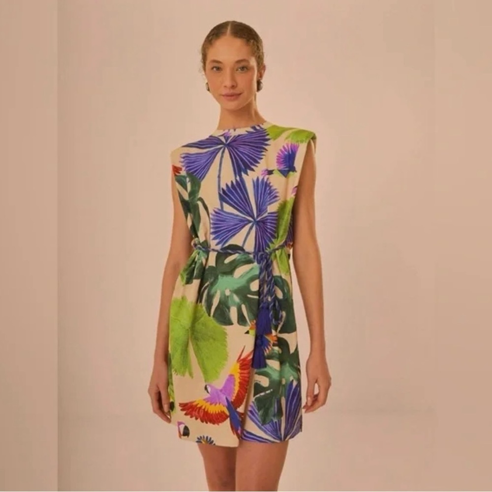FARM Rio EUC Macaw Jungle Drawstring t-Shirt dress size L